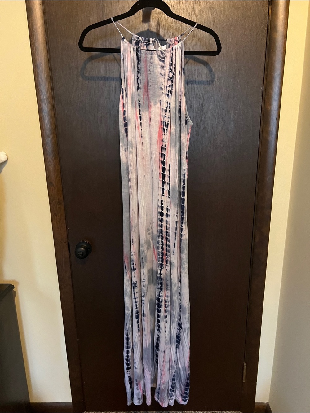 Sleeveless Tie-Dye Maxi Dress in White, Navy & Pink